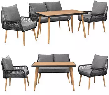 Swing & Harmonie Sienna Garten-Lounge-Set 4 Personen, Seilgeflecht, WPC-Tischplatte, anthrazit/holz