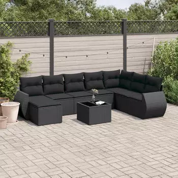 vidaXL Garten-Sofagarnitur 9-tlg. mit Kissen, Poly Rattan, Schwarz (3254103)