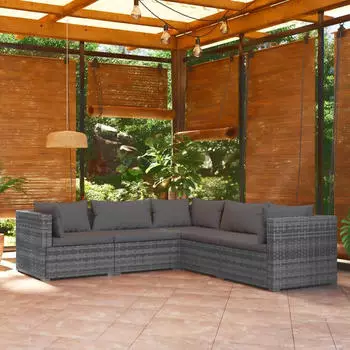 vidaXL Garten-Lounge-Set 5-tlg. mit Kissen, Poly Rattan, Grau (3101701)