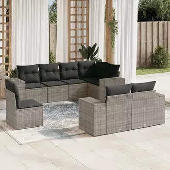 vidaXL Garten-Sofagarnitur 9-tlg. mit Kissen, Poly Rattan, Schwarz (3222844)