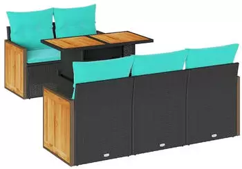 vidaXL Gartensofa-Set 6-teilig mit Kissen, Polyrattan/Akazie, schwarz (3327662)