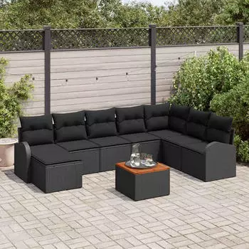 vidaXL Garten-Sofa-Set 9-tlg. mit Kissen, Poly-Rattan, Schwarz (3347618)