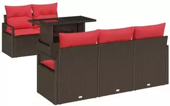 vidaXL Gartensofa-Set mit Stauraum 6-tlg. Poly-Rattan Braun/Rot (3348740)