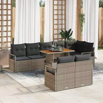 vidaXL Garten-Sofa-Set mit Kissen, 9-teilig, Poly-Rattan & Akazie, Grau (3349726)