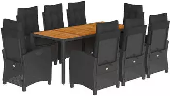 vidaXL Garten-Essgruppe 9-tlg. mit Kissen, Poly Rattan, Schwarz (3212669)