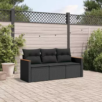vidaXL Garten-Sofagarnitur 3-tlg. mit Kissen, Poly Rattan, Schwarz (3225754)