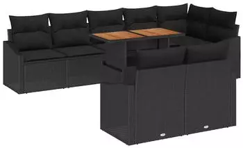vidaXL Garten-Sofa-Set 9-teilig mit Kissen Poly Rattan/Akazie Schwarz/Braun (3349855)