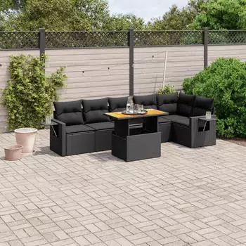 vidaXL Garten-Sofagarnitur 7-tlg. mit Kissen Schwarz Polyrattan (3271763)