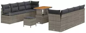 vidaXL Garten-Sofa-Set 11-teilig mit Kissen, Poly Rattan & Akazie, Grau (3364453)