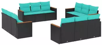 vidaXL Gartensofa-Set 12-teilig mit Kissen, schwarzes Polyrattan (3225833)