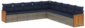 vidaXL Gartensofa-Set 9-teilig mit Kissen, Polyrattan, Grau (3227741)
