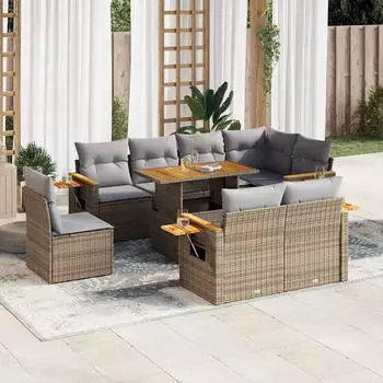 vidaXL Garten-Sofagarnitur 9-tlg. Poly Rattan Akazie mit Kissen, Beige (3327615)