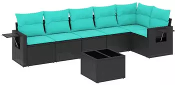 vidaXL Gartensofa-Set 7-teilig mit Kissen, Polyrattan Schwarz (3220196)