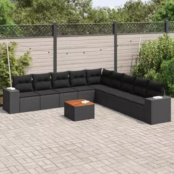 vidaXL Garten-Sofagarnitur 10-tlg. mit Kissen, Poly Rattan, Schwarz (3257820)