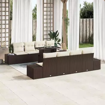 vidaXL Gartensofa-Set 9-tlg. mit Kissen Poly-Rattan Braun/Creme (3349144)