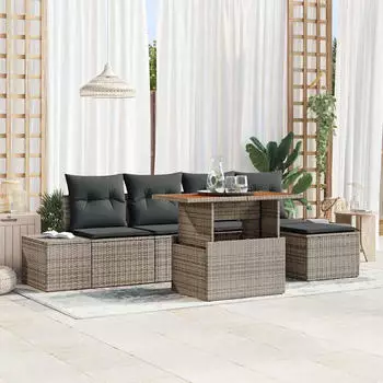 vidaXL Garten-Essgruppe 6-teilig Poly Rattan/Akazie Grau mit Kissen (3349950)