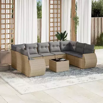 vidaXL Garten-Sofagarnitur 10-tlg. mit Kissen, Poly Rattan, Schwarz (3254143)