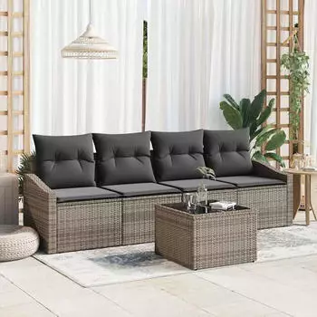 vidaXL Garten Sofa Set 5-teilig mit Kissen Poly-Rattan Grau (3346589)