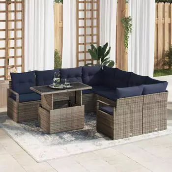 vidaXL Gartensofa-Set mit Kissen 9-tlg. Poly-Rattan Grau/Marineblau (3348801)