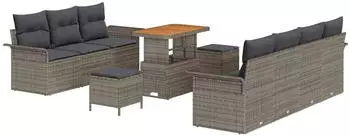 vidaXL Garten-Sofa-Set 10-tlg. Poly-Rattan/Akazie Grau mit Kissen & Stauraum (3364053)