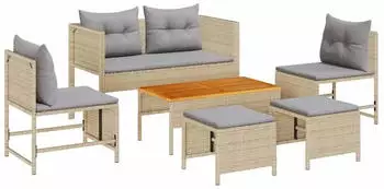 vidaXL Gartensofa-Set 6-tlg. Poly-Rattan Beige/Hellgrau mit Kissen
