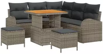 vidaXL Garten-Sofa-Set mit Kissen & Stauraum, 8-tlg., Poly-Rattan/Akazie, Grau (3364343)