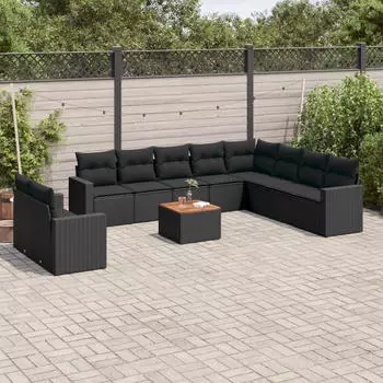 vidaXL Garten-Sofagarnitur 11-tlg. mit Kissen, Poly Rattan, Schwarz (3256524)