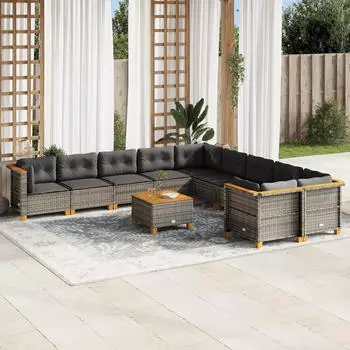 vidaXL Garten-Sofagarnitur 10-tlg. mit Kissen Poly Rattan Grau (3262047)