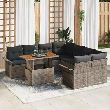 vidaXL Garten-Sofagarnitur 9-tlg. Poly Rattan/Akazie mit Kissen Grau (3349313)