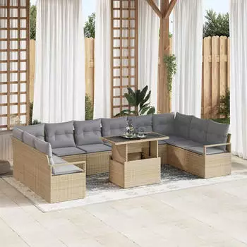 vidaXL Garten-Sofa-Set 11-teilig Poly-Rattan Beige/Hellgrau (3348896)