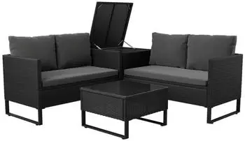 Juskys Santorini Polyrattan Gartenlounge-Set 4-tlg. mit Beistelltisch & Auflagenbox, Schwarz