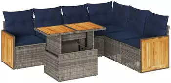 vidaXL Garten-Sofagarnitur 7-tlg. Poly Rattan Akazie Grau mit Kissen (3327722)