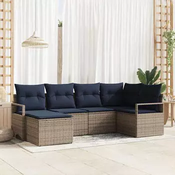 vidaXL Sofa-Set mit Kissen 6-tlg. Grau Poly-Rattan (3346455)