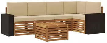vidaXL Ecksofa-Set mit Kissen, 6-tlg., Akazienholz, Natur/Beige (3384394)