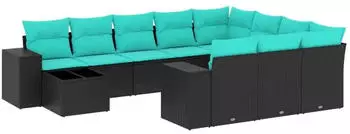 vidaXL Gartensofa-Set 11-teilig mit Kissen, Polyrattan Schwarz (3223126)