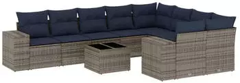 vidaXL Gartensofa-Set 10-teilig mit Kissen, Polyrattan, Grau (3223050)