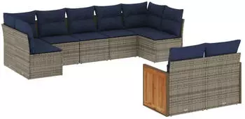 vidaXL Gartensofa-Set 9-teilig mit Kissen, Polyrattan, Grau (3227972)