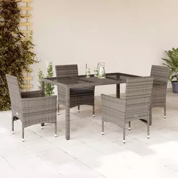 vidaXL Garten-Essgruppe 5-tlg. mit Kissen, Poly Rattan & Glas, Schwarz (3278545)