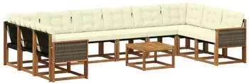 vidaXL Outdoor-Sofagarnitur mit Kissen, 11-tlg., Natur/Creme (3382250)