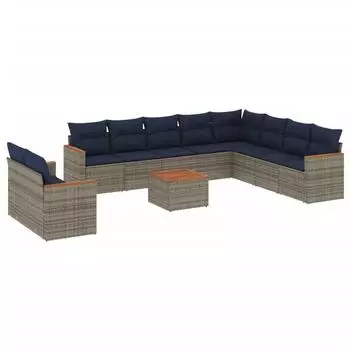 vidaXL Gartensofa-Set 11-teilig mit Kissen, Polyrattan, Grau (3226124)