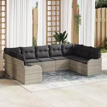 vidaXL Garten-Sofa-Set 9-teilig mit Kissen Hellgrau Poly Rattan (3345862)