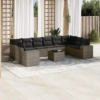 vidaXL Garten-Sofagarnitur 10-tlg. mit Kissen, Poly Rattan, Schwarz (3255403)