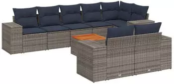 vidaXL Gartensofa-Set 9-teilig mit Kissen, Polyrattan, Grau (3225536)