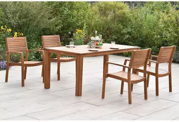 Merxx Batavia Garten-Essgruppe 5-tlg., 4 Stapelsessel, Tisch 185x90cm, Akazie