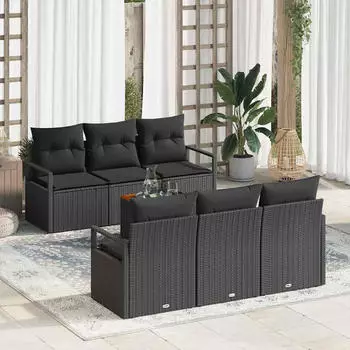 vidaXL Gartenlounge-Set 7-tlg. Poly-Rattan Schwarz mit Kissen (3347653)