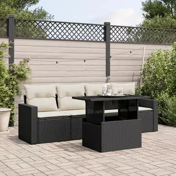 vidaXL Garten-Sofagarnitur 5-tlg. mit Kissen, Poly Rattan, Schwarz (3267096)