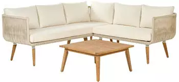 Beliani Alcamo Garten-Ecksofa mit Tisch, 5-Sitzer, Linke Seite, Akazienholz, Hellbeige (Alcamo)