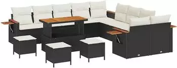 vidaXL Gartensofa-Set 18-tlg. mit Kissen, Poly-Rattan, schwarz/creme (3365190)