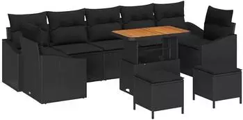 vidaXL Gartensofa-Set mit Kissen, 10-tlg., schwarz, Poly-Rattan (3364589)