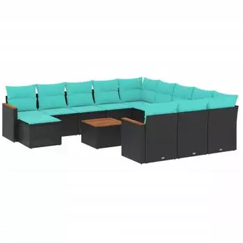 vidaXL Gartensofa-Set 13-teilig mit Kissen, schwarzes Polyrattan (3226589)